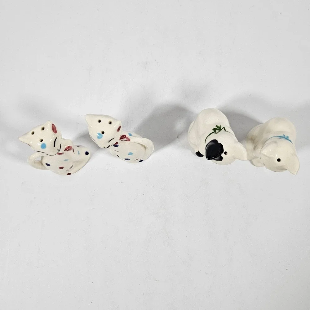 Vintage Ceramic Cat Salt and Pepper Shakers 2 Sets Polka Dot and Calico Feline